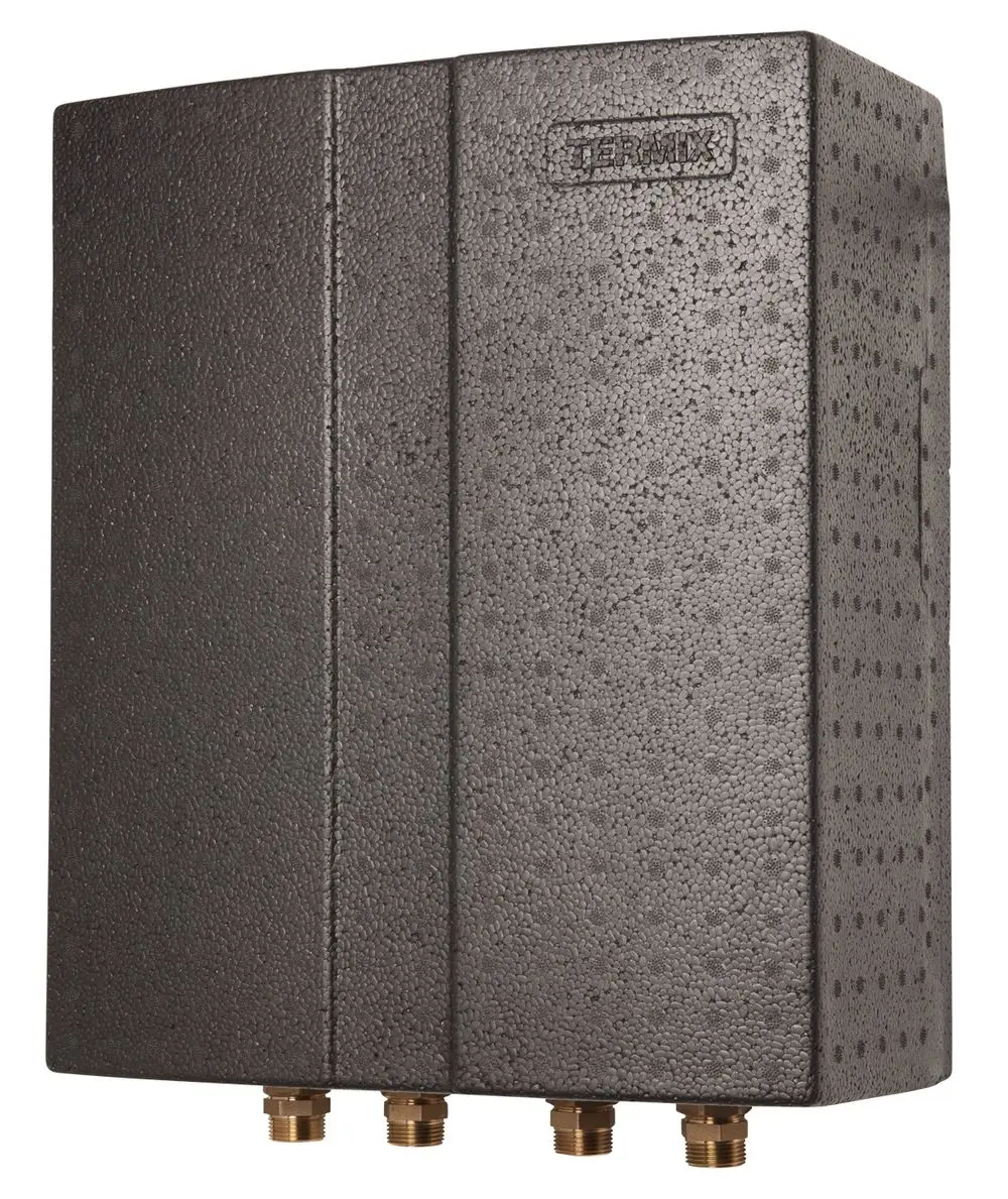 Schwarzer Durchlauferhitzer mit Wärmedämmung und drei Anschlussanschlüssen. Produkt von Danfoss. Keine weiteren Maße oder spezifischen Informationen sichtbar.